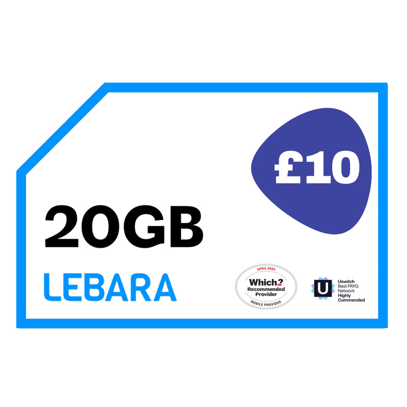 Lebara 30 Day Plan 20GB / £10 Per Month / Pay Monthly